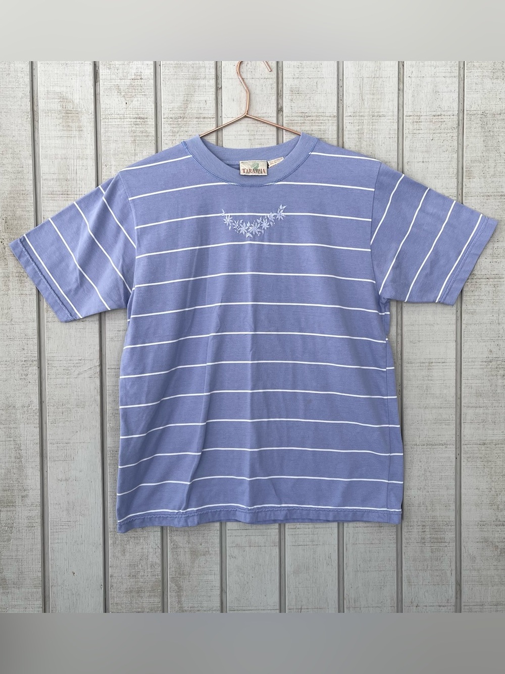 Vintage Tarazzia Purple Striped Floral Embroidered T Shirt Small